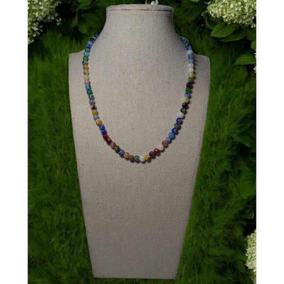 Necklace Signed Brielle Art Glass Multicolored Beaded Gold Tone Chain 17" Unique - Picture 1 of 16